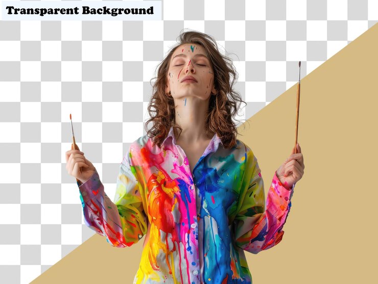 PSD uma mulher com cabelos longos e uma camisa colorida na frente de seu rosto
