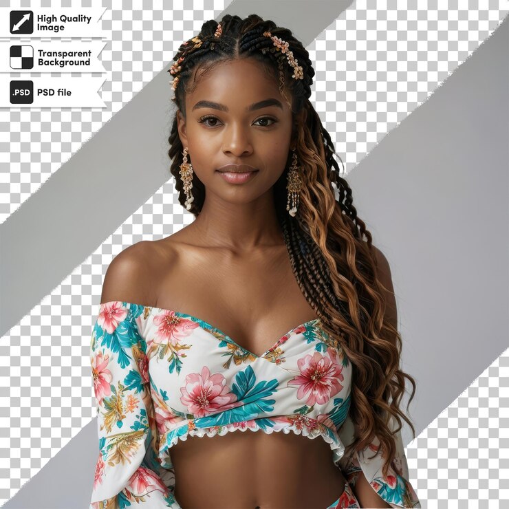 PSD uma mulher com cabelos longos vestindo um top floral com um padrão floral na frente