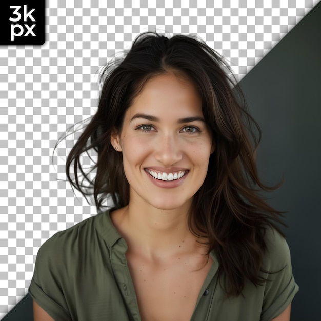 uma mulher com dentes brancos e um fundo preto com as letras lg nele