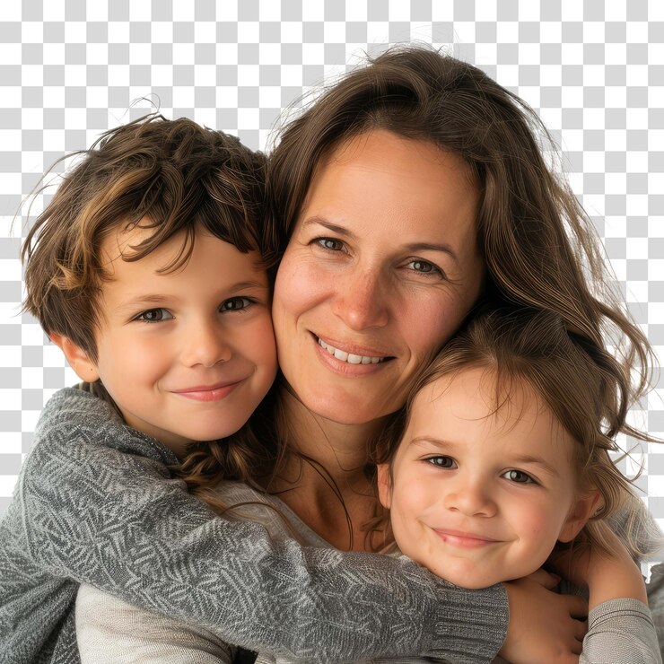 PSD uma mulher com duas crianças abraçadas e um fundo a quadros com um fundo branco