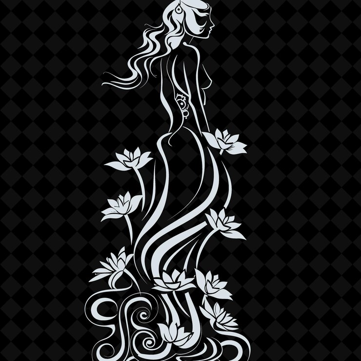 PSD uma mulher com flores nas costas é desenhada em preto e branco