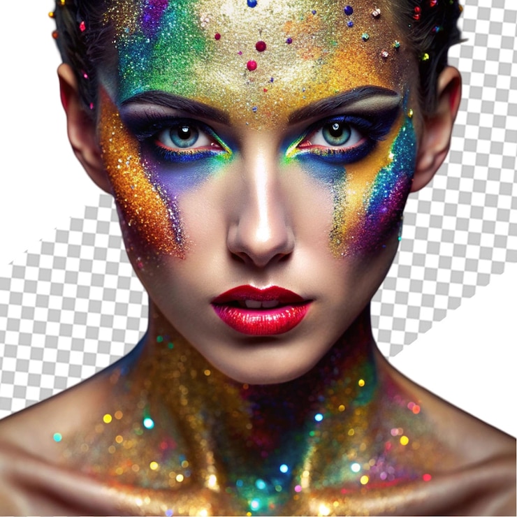 PSD uma mulher com maquiagem artística de brilhantes multicolores