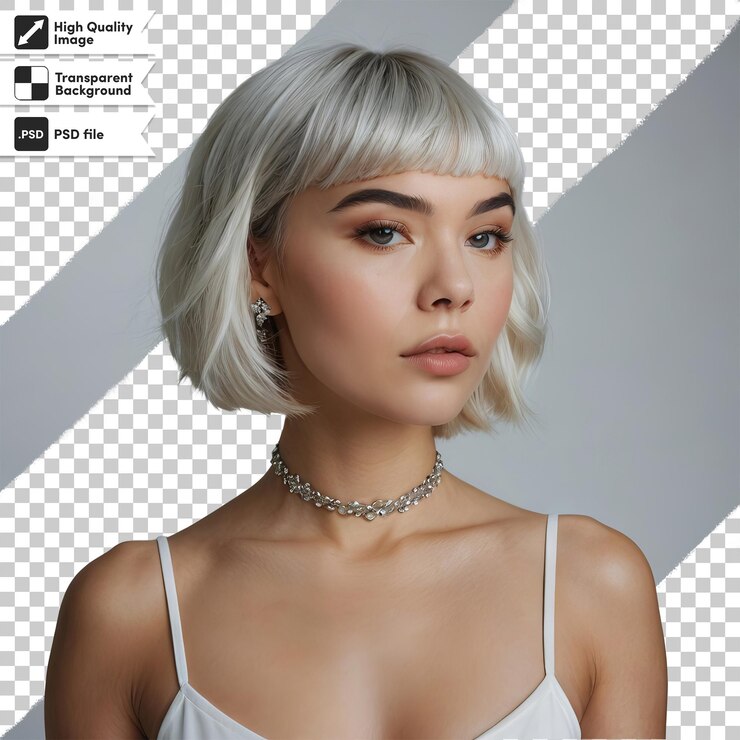 PSD uma mulher com o cabelo curto e um colar nele