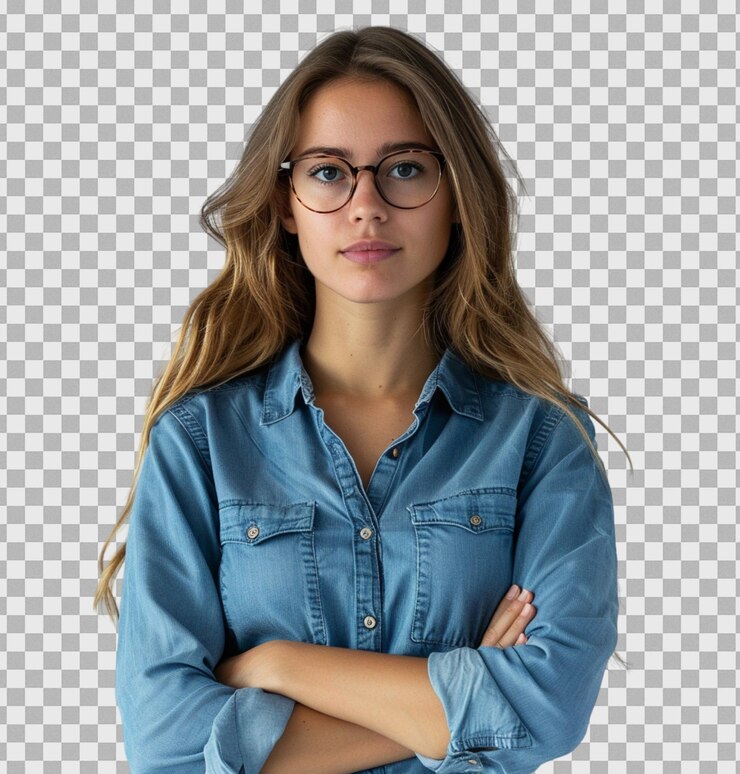 Uma mulher com óculos e uma camisa azul está em um fundo transparente isolado