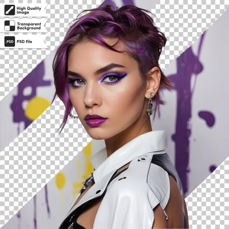 PSD uma mulher com olhos roxos e uma camisa branca com uma sombra de olho roxo