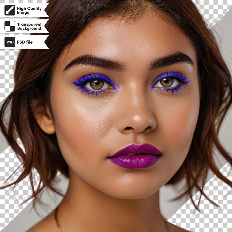 PSD uma mulher com olhos roxos e uma sombra de olho azul