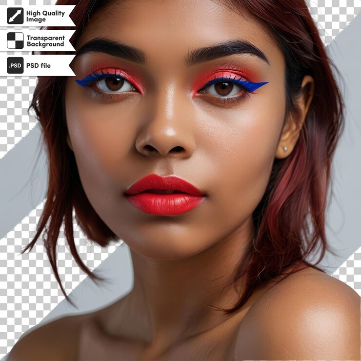 PSD uma mulher com olhos vermelhos e azuis e um brilho de lábios vermelho
