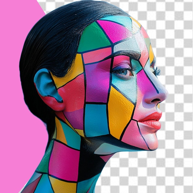 uma mulher com rostos coloridos pintados em seu rosto e a palavra x sobre ele