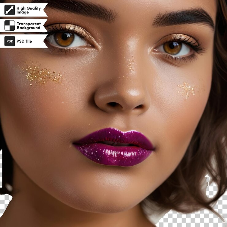 PSD uma mulher com um brilho de lábios roxo no rosto