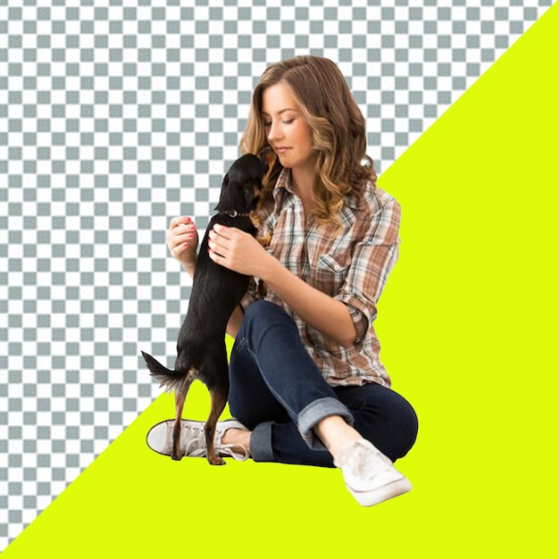 uma mulher com um cão em suas mãos está segurando um cão preto