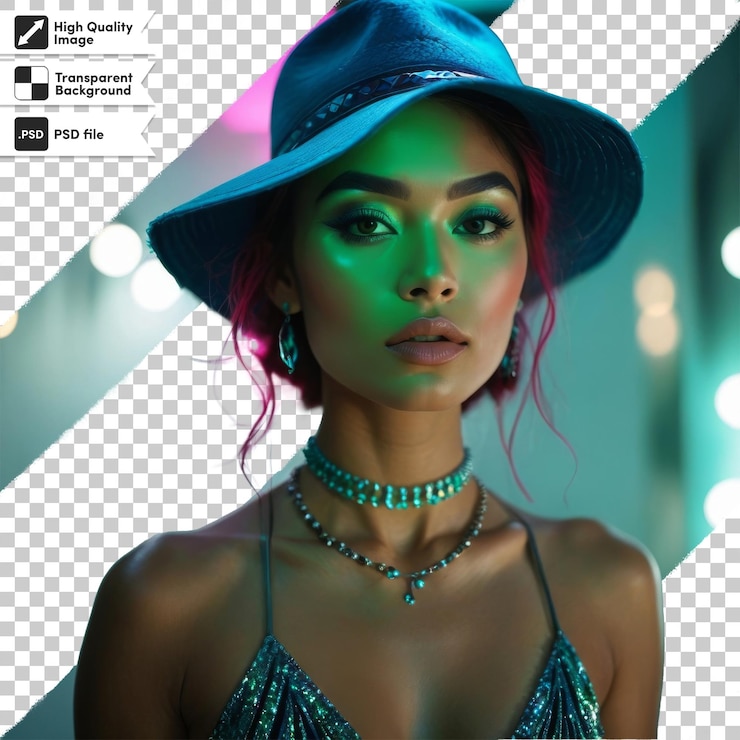 PSD uma mulher com um chapéu azul e uma luz verde no rosto