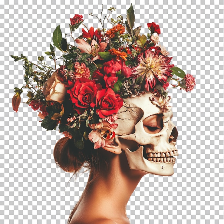 PSD uma mulher com um crânio e flores na cabeça dia de los muertos contra um fundo transparente