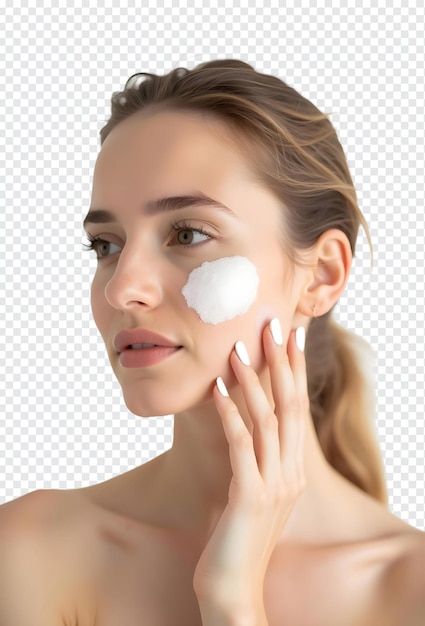 uma mulher com um creme branco no rosto