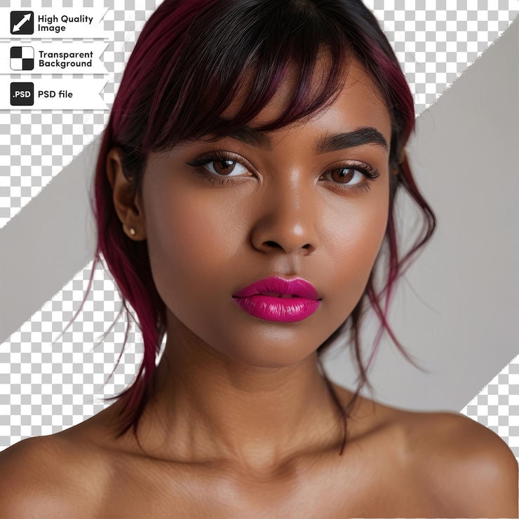 PSD uma mulher com um lábio rosa e um clipe de cabelo preto que diz quot natural quot