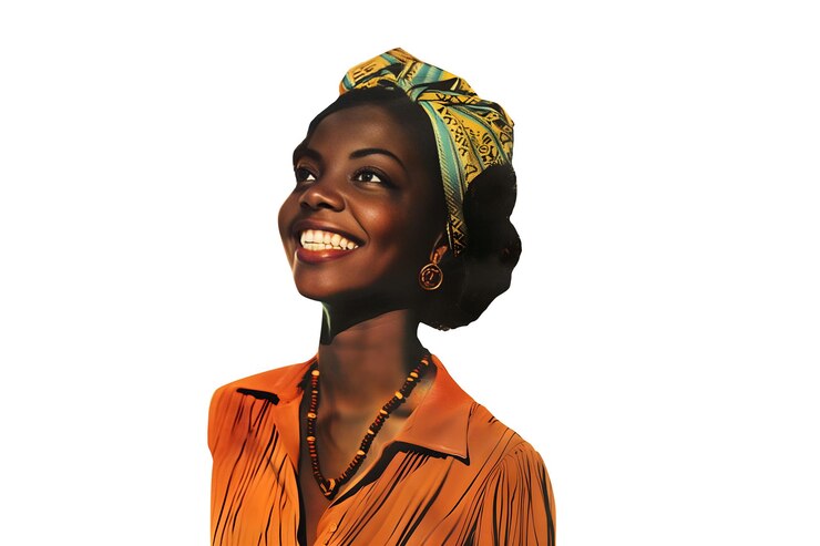 PSD uma mulher com um lenço amarelo está sorrindo.