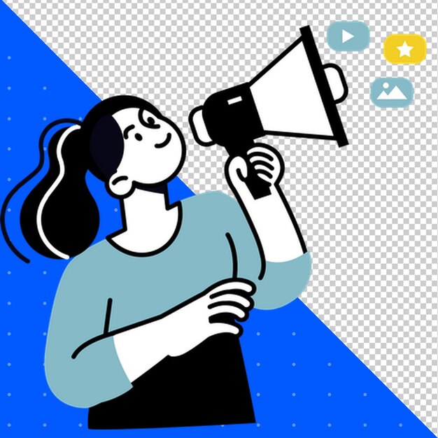 uma mulher com um megafone que diz a palavra citação sobre ele