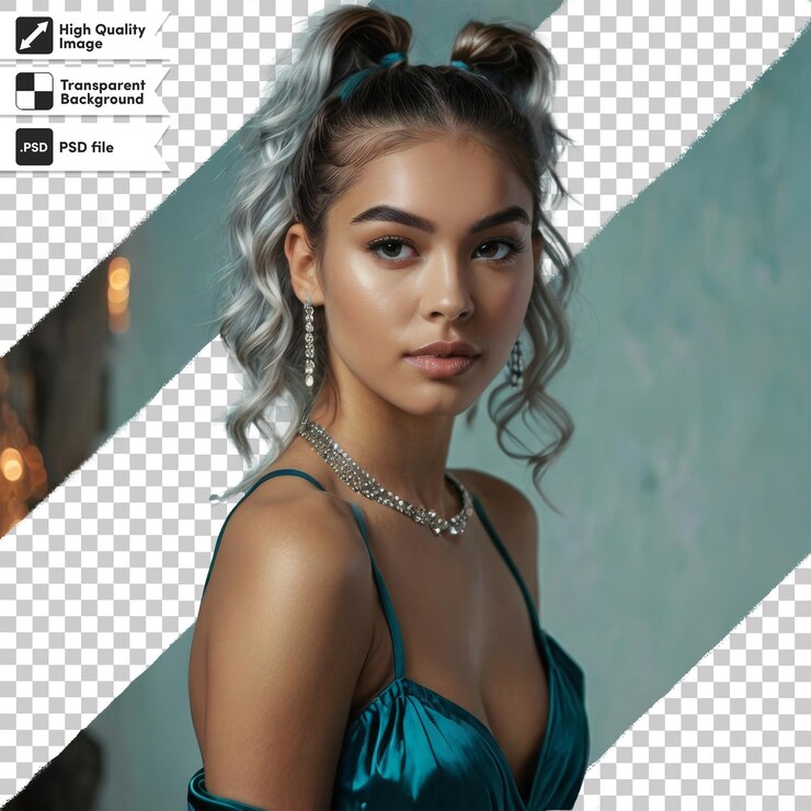 PSD uma mulher com um vestido azul e um fundo preto e branco