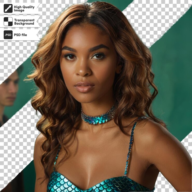 PSD uma mulher com um vestido azul e um fundo verde com as palavras citação a palavra citação sobre ele