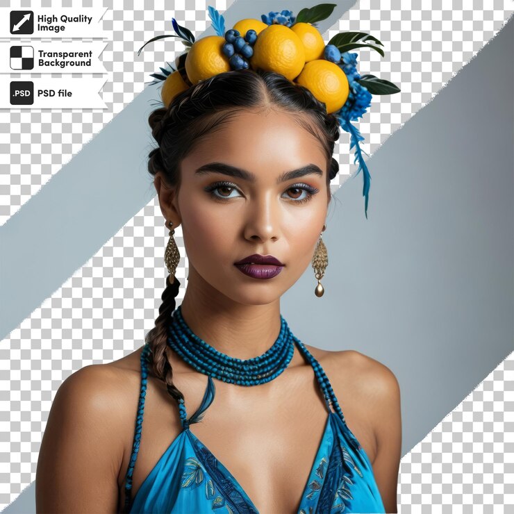 PSD uma mulher com um vestido azul na cabeça e uma flor no cabelo