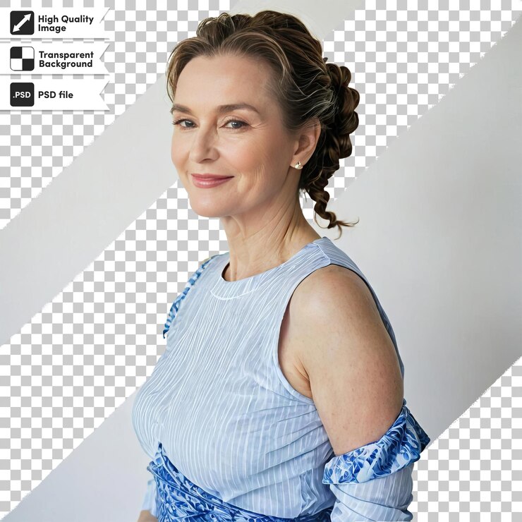 PSD uma mulher com um vestido azul no braço e as palavras lg na parte de baixo