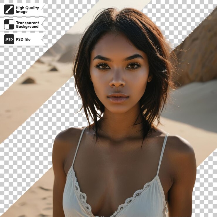 PSD uma mulher com um vestido branco no rosto está de pé na areia