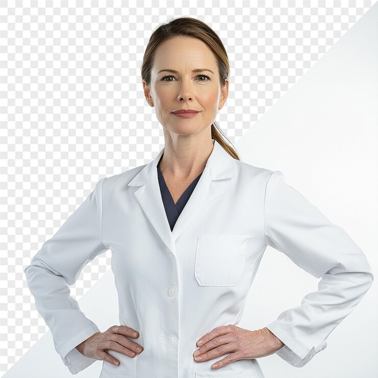 PSD uma mulher com uma bata de laboratório branca está de pé na frente de uma grade que diz que ela está vestindo uma bata de laboratorio branca