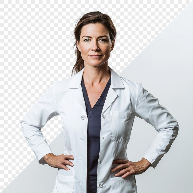 PSD uma mulher com uma bata de laboratório em frente a um fundo branco