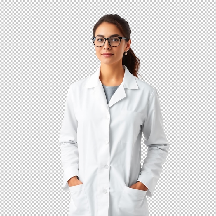 PSD uma mulher com uma bata de laboratório em frente a um fundo branco