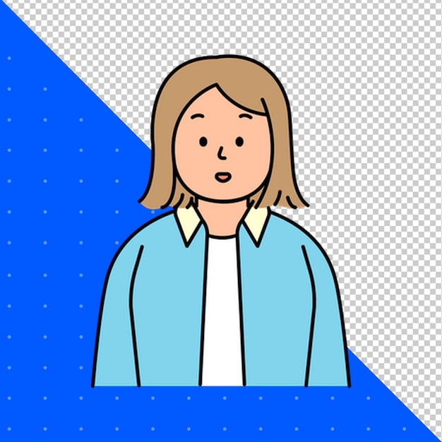 uma mulher com uma camisa azul está na frente de um fundo azul com um fundo branco e azul