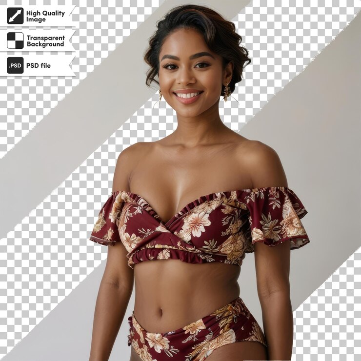PSD uma mulher com uma camisa floral com as palavras " lg " em cima