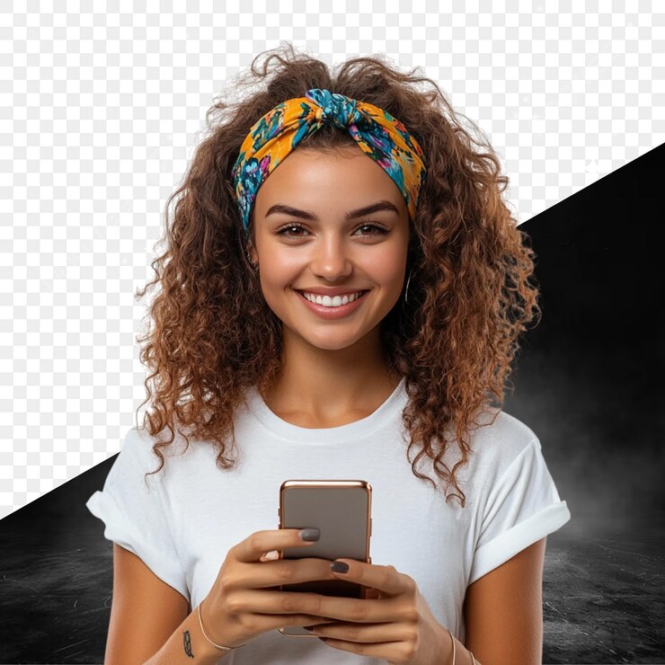 PSD uma mulher com uma faixa de flores e uma foto de uma menina com um telefone
