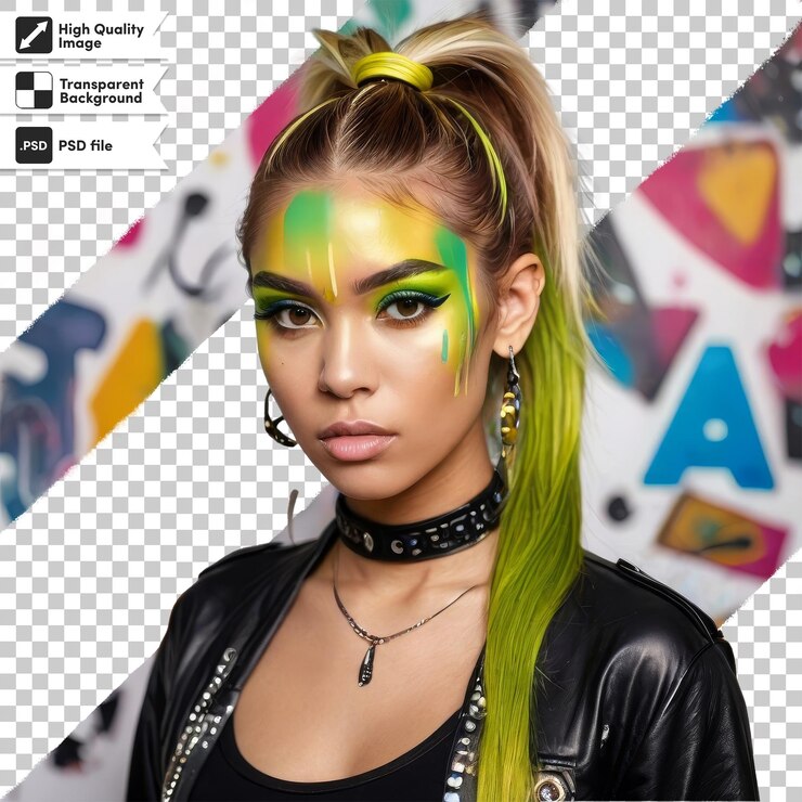 PSD uma mulher com uma fita amarela no cabelo está vestindo uma jaqueta de couro preto com um b verde e amarelo