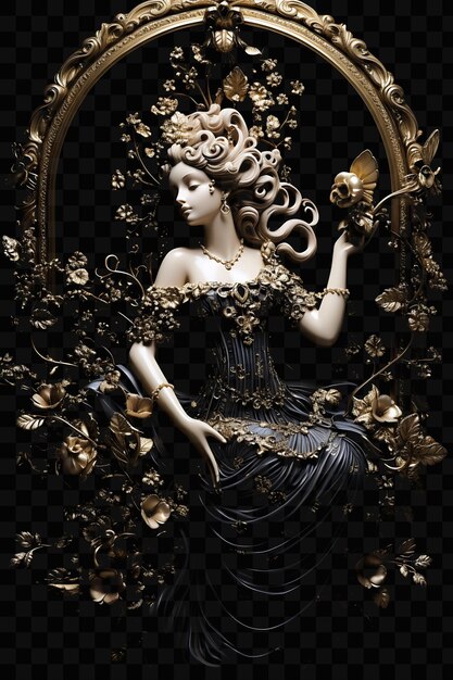 PSD uma mulher com uma flor de ouro no cabelo senta-se numa moldura de ouro