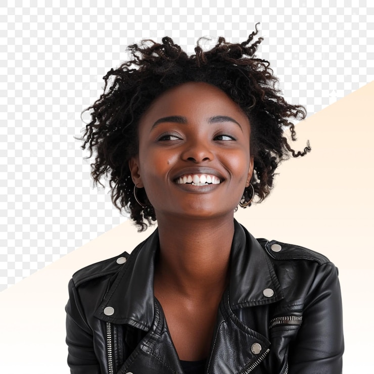 PSD uma mulher com uma jaqueta de couro preta e um fundo branco
