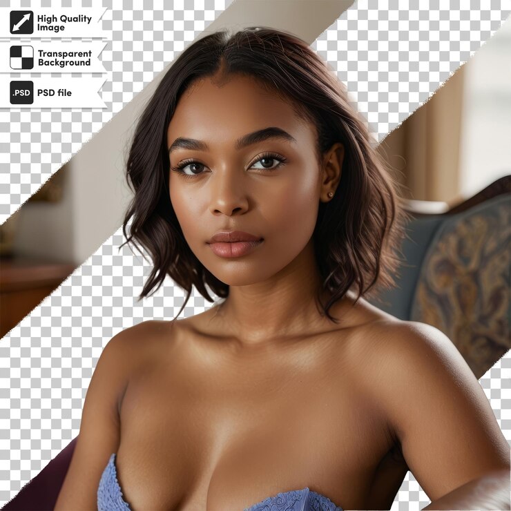 PSD uma mulher com uma parte superior de biquíni azul em um fundo xadrez