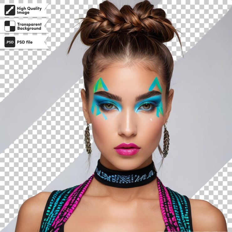 PSD uma mulher com uma pintura facial azul e verde em seu rosto