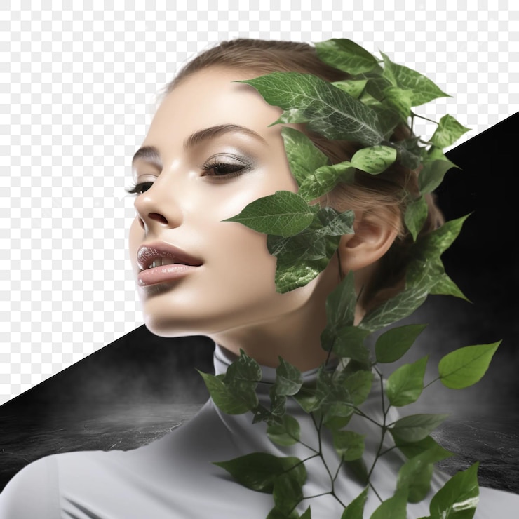 PSD uma mulher com uma planta no cabelo e uma foto de uma mulher com folhas
