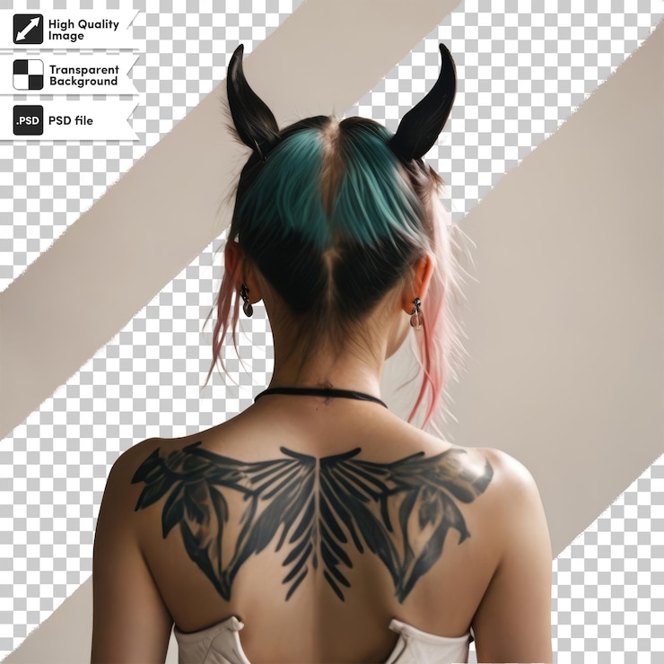 PSD uma mulher com uma tatuagem nas costas é mostrada com um fundo preto e branco