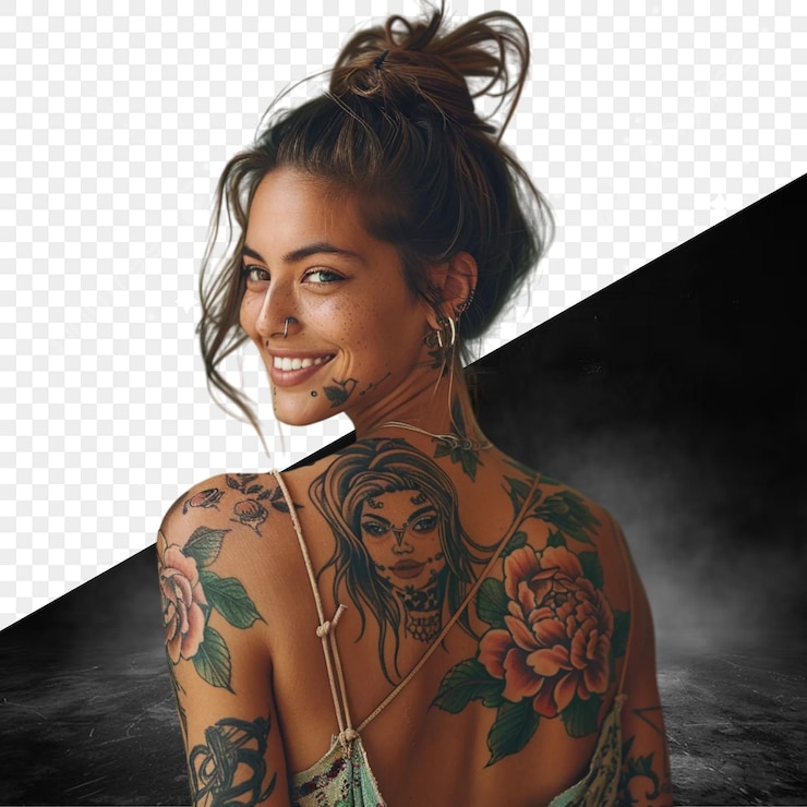 PSD uma mulher com uma tatuagem nas costas.