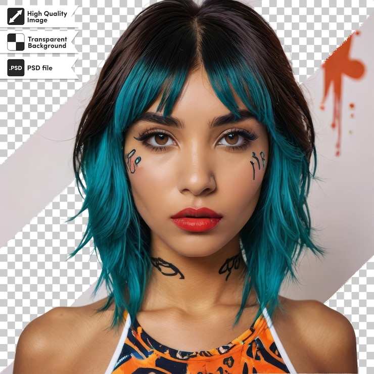 PSD uma mulher com uma tatuagem no rosto é mostrada com um fundo preto e laranja