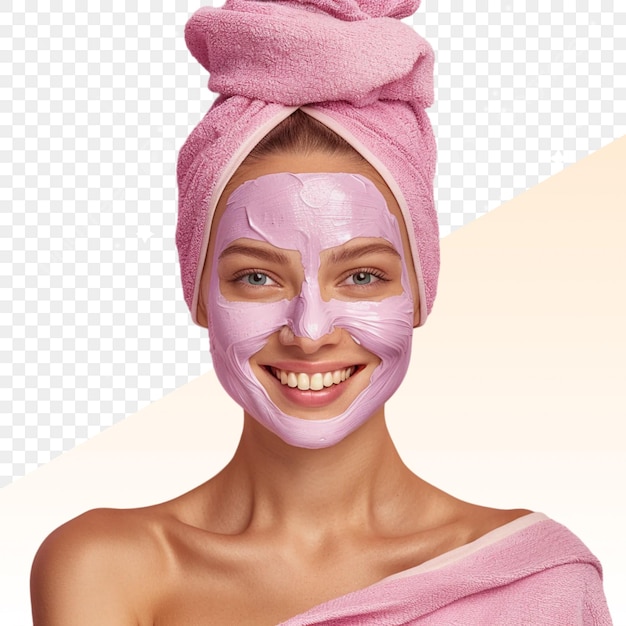 uma mulher com uma toalha rosa na cabeça com uma toalhas rosa na cabeça