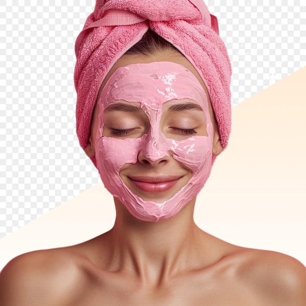 uma mulher com uma toalha rosa na cabeça com uma toalhas rosa na cabeça