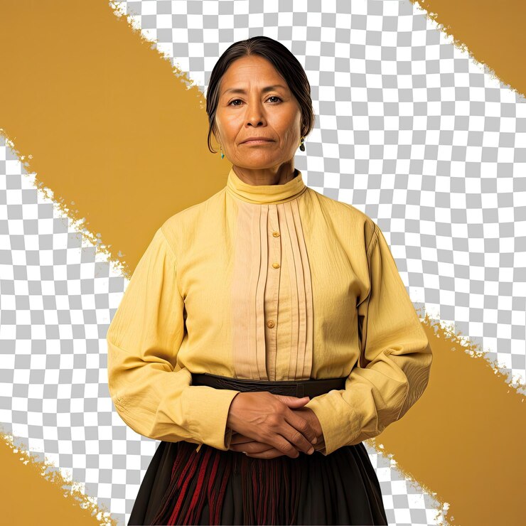 PSD uma mulher compassiva de meia-idade com cabelo curto da etnia nativa americana vestida com roupas de costura posa em um estilo de pé com um pé para a frente contra um amarelo pastel