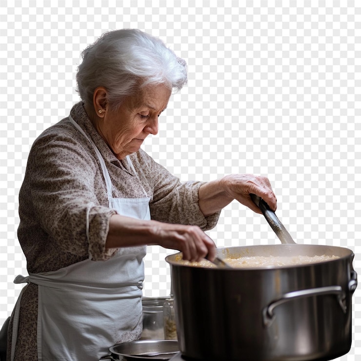 PSD uma mulher cozinhando comida em uma panela com as palavras "cook" na parte de trás