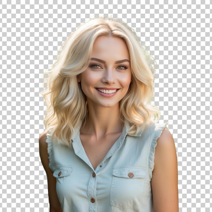 PSD uma mulher de cabelo loiro sorri na frente de uma grade