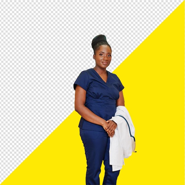 uma mulher de camisa azul está de pé na frente com fundo transparente