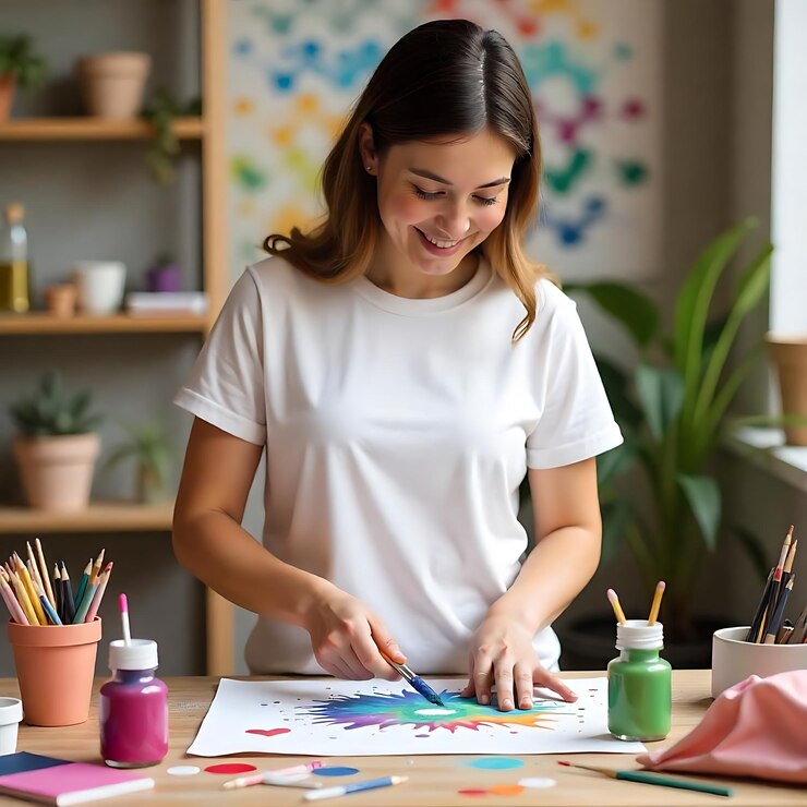 PSD uma mulher de camisa branca está pintando uma imagem de uma planta