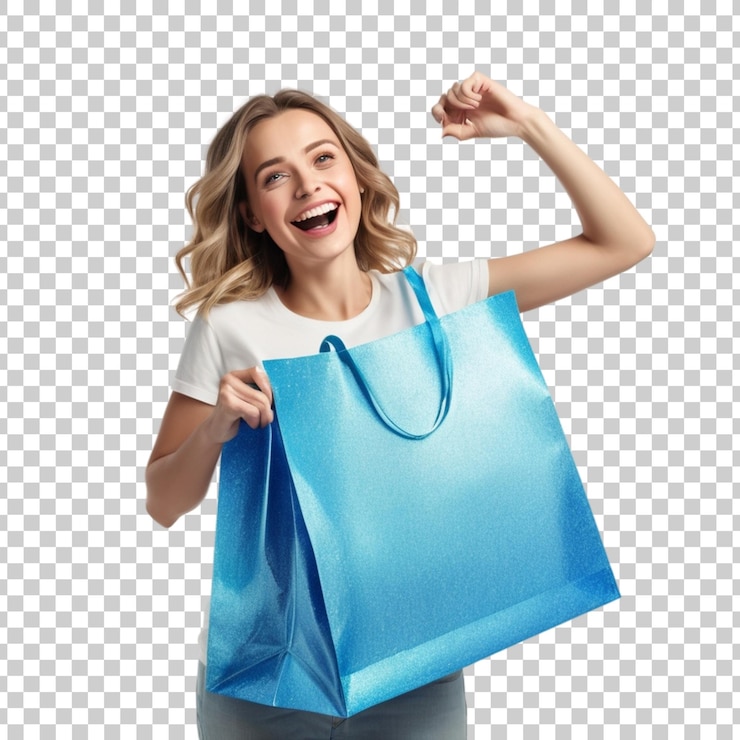 PSD uma mulher de camisa branca está segurando um saco de compras com as palavras feliz