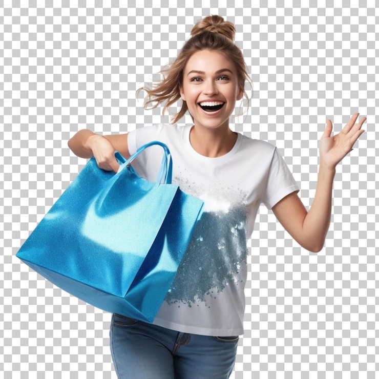 PSD uma mulher de camisa branca está segurando um saco de compras e a palavra im a