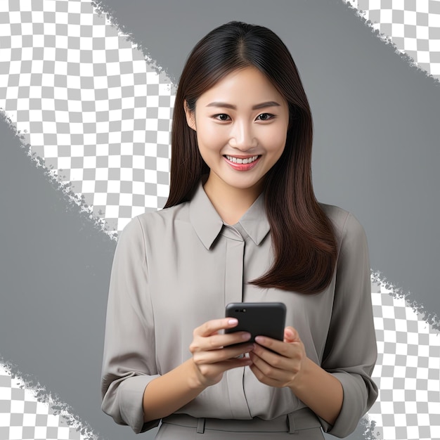 Uma mulher de camisa está segurando um telefone e uma foto de uma mulher.